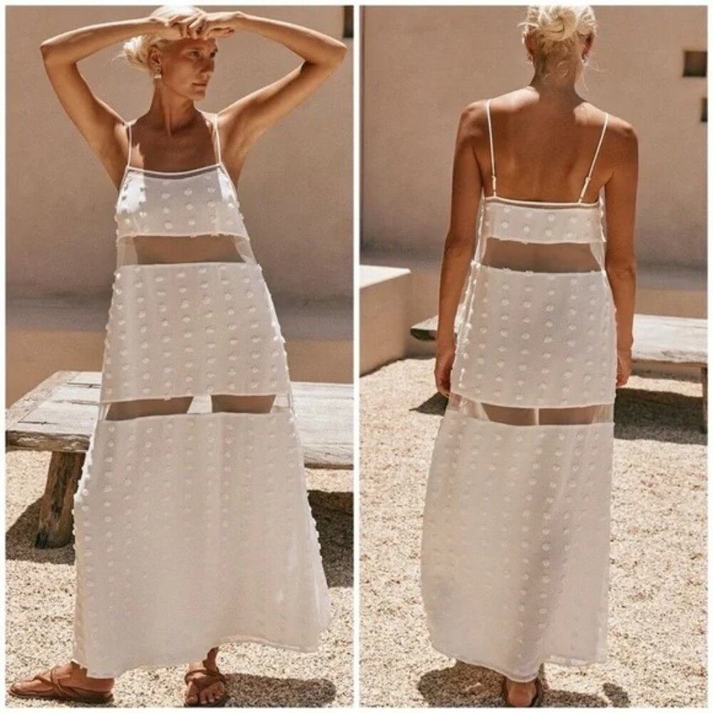 ☀️ [PRICE FIRM] SABO Miliano Illusion Mesh Panel Dot Textured Maxi Dress White